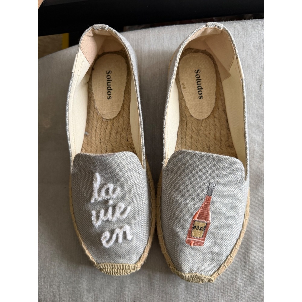 Soludos La Vie En Rose Espadrilles SZ 9 Gray Canvas Rose Wine Embroidery Flats